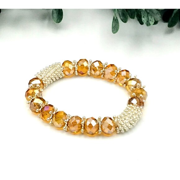 Vintage Glass orange beads Gold Crystal & Pearl Beaded Stretch Bracelet - Picture 1 of 3